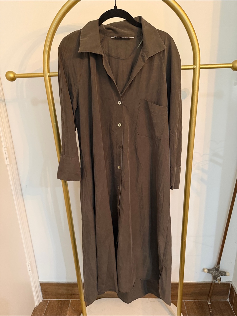 Long Button-Front Shirt Dress in Brown